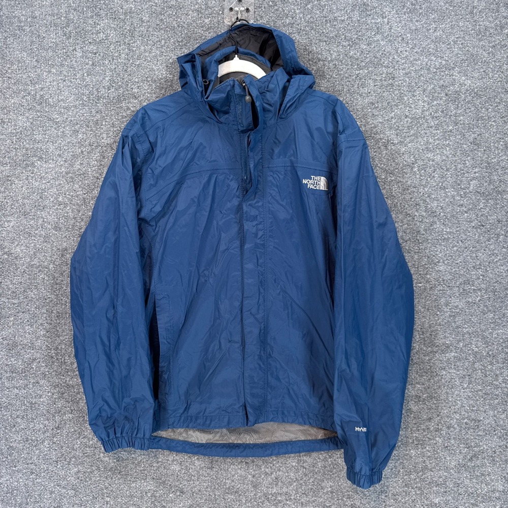 The North Face Rain Jacket Mens Medium Blue Hyvent Hooded Waterproof Hiking Coat
